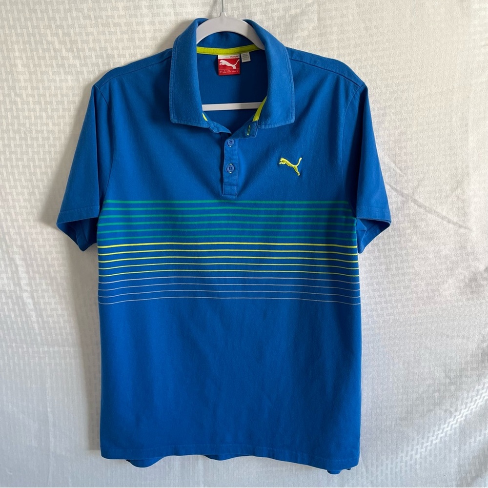 PUMA Polo Golf Short Sleeve Striped Blue Shirt Size Large